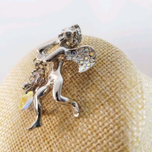 KIRKS FOLLY Silver Tone ANGEL BROOCH PIN Dangle Heart AB CRYSTALS RHINESTONES - Picture 2 of 5